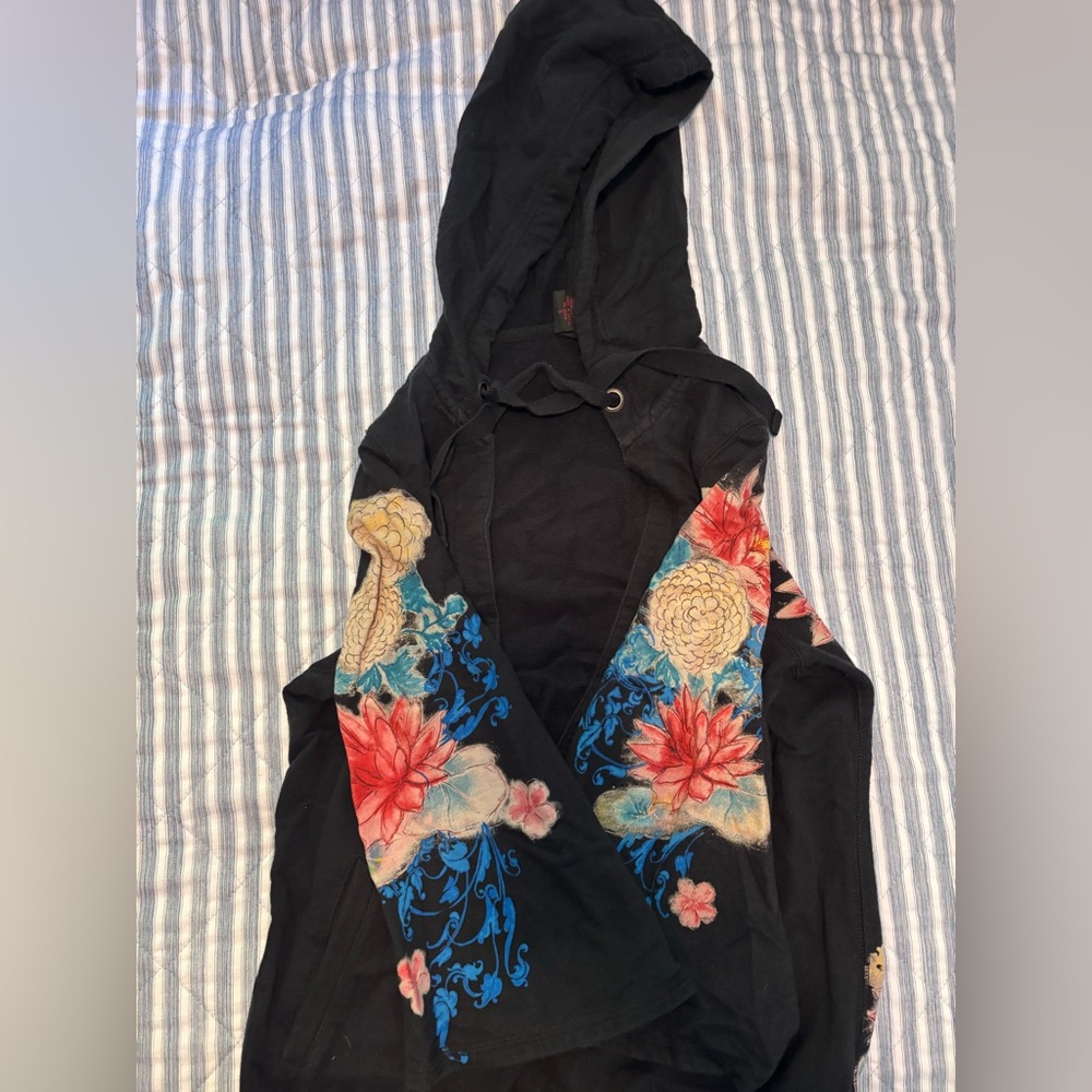 Lucky Brand Black Hoodie with Colorful Floral Design